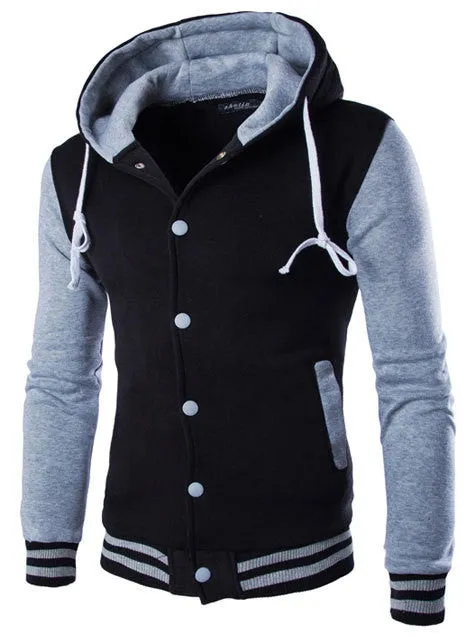 Hooded Baseball Jacket Men Fashion Design Black Mens Slim Fit Varsity Jacket Stylish College
