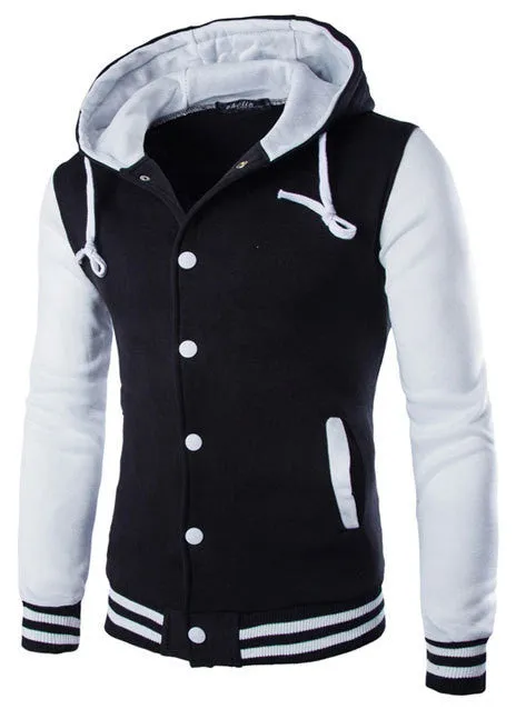 Hooded Baseball Jacket Men Fashion Design Black Mens Slim Fit Varsity Jacket Stylish College