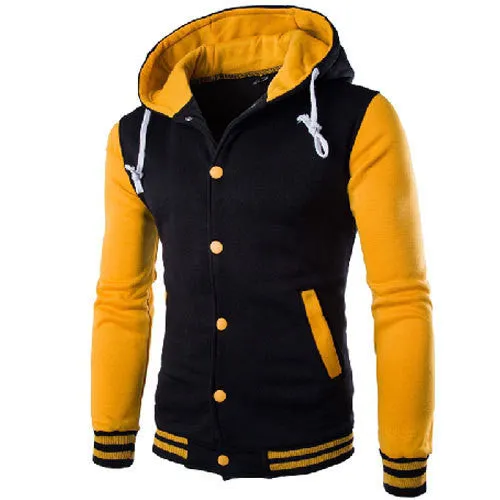 Hooded Baseball Jacket Men Fashion Design Black Mens Slim Fit Varsity Jacket Stylish College