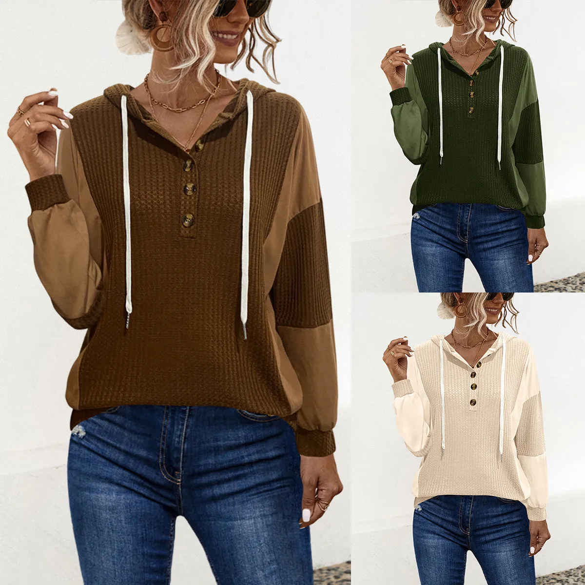 Hooded Colorblock Button Long Sleeve Sweatshirts Wholesale Womens Clothing N3824082300034