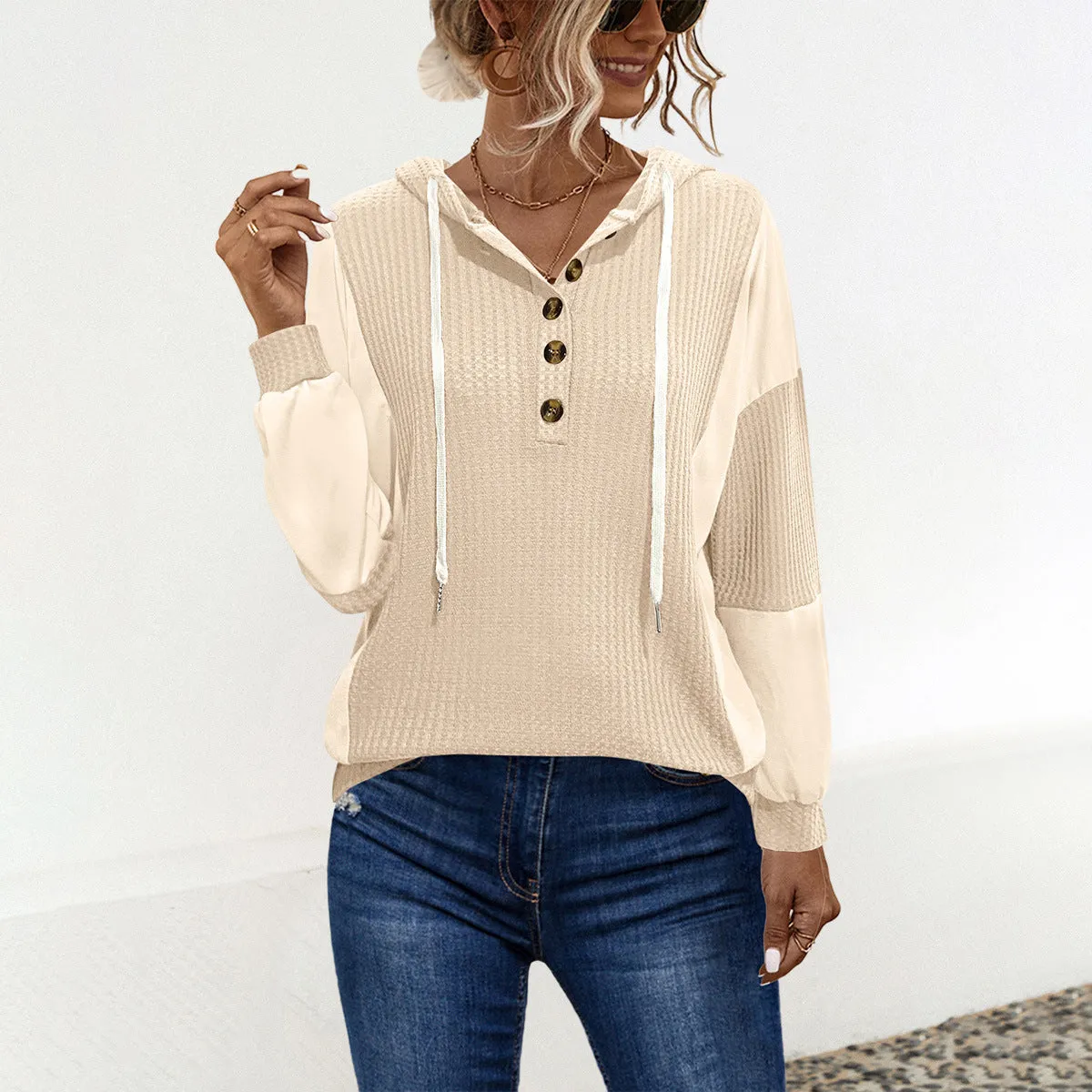 Hooded Colorblock Button Long Sleeve Sweatshirts Wholesale Womens Clothing N3824082300034