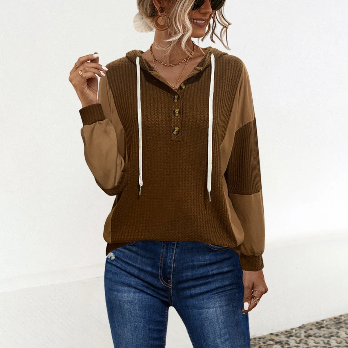 Hooded Colorblock Button Long Sleeve Sweatshirts Wholesale Womens Clothing N3824082300034