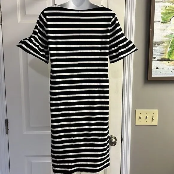 J. Crew Black &amp; White Striped T- Shirt Dress w/ Ruffled Puff Sleeves- Small