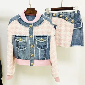 Jacket Coats Houndstooth Denim Stitching Loose Fringe Varsity Jackets.