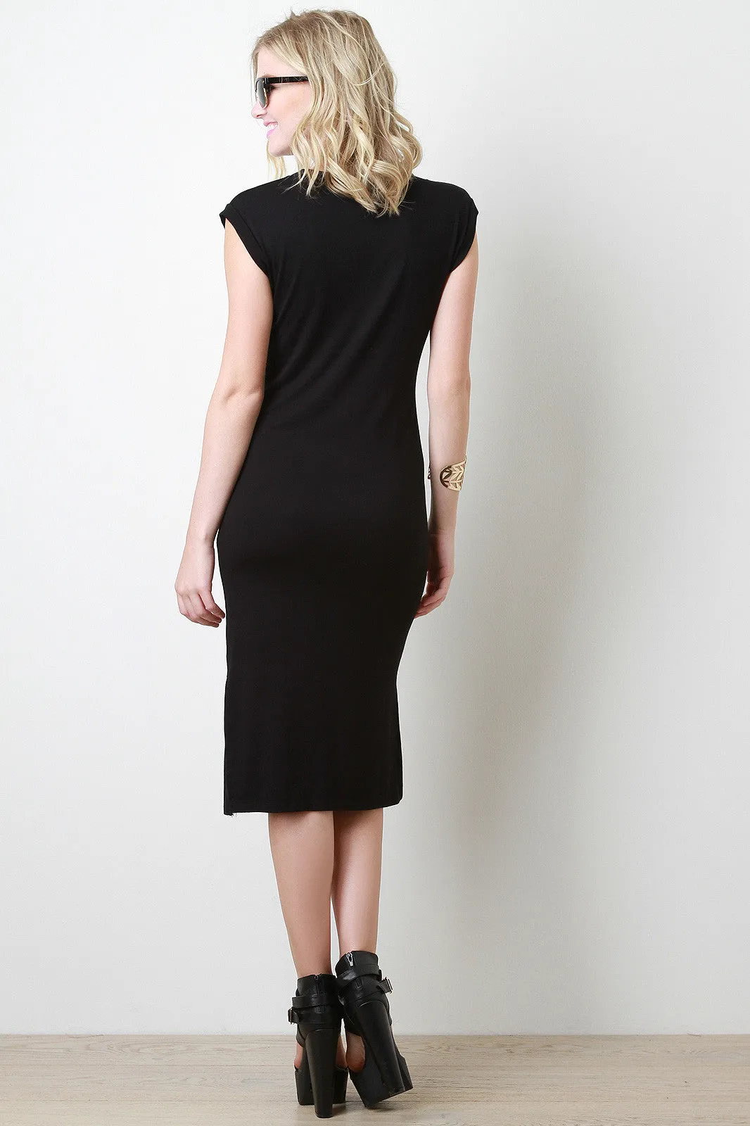 Jersey Knit 5 Graphic Print Side Slit Cap Sleeves Midi Dress