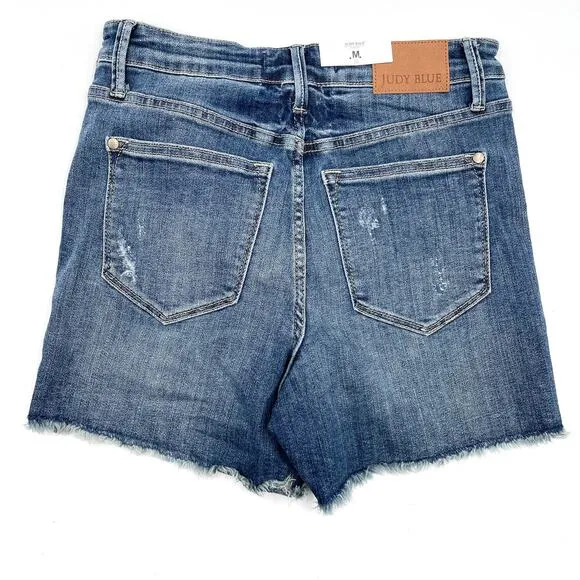Judy Blue Marissa High-Rise Tummy Control Denim Shorts Fray Hem Cut Offs Sz M