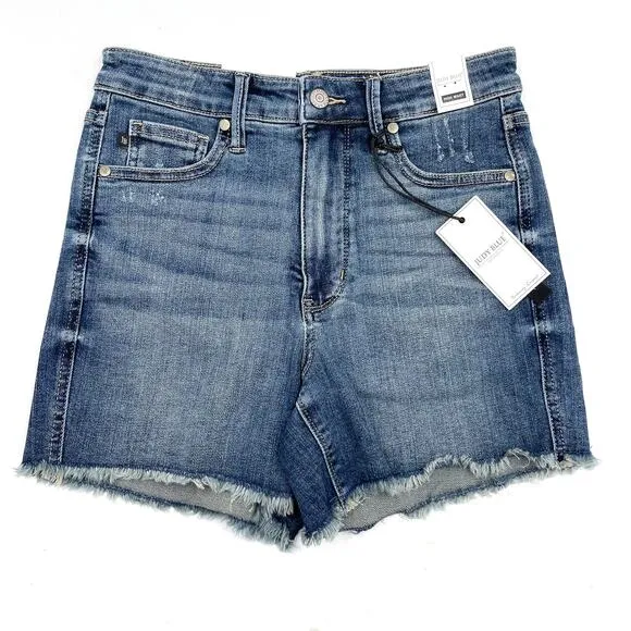 Judy Blue Marissa High-Rise Tummy Control Denim Shorts Fray Hem Cut Offs Sz M