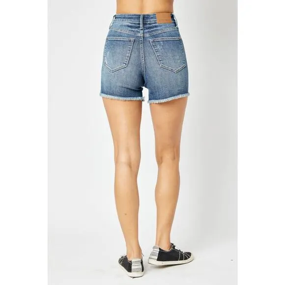 Judy Blue Marissa High-Rise Tummy Control Denim Shorts Fray Hem Cut Offs Sz M
