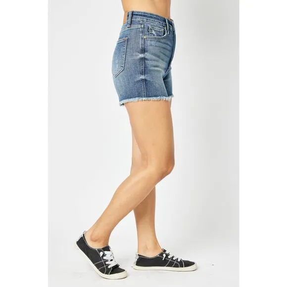 Judy Blue Marissa High-Rise Tummy Control Denim Shorts Fray Hem Cut Offs Sz M