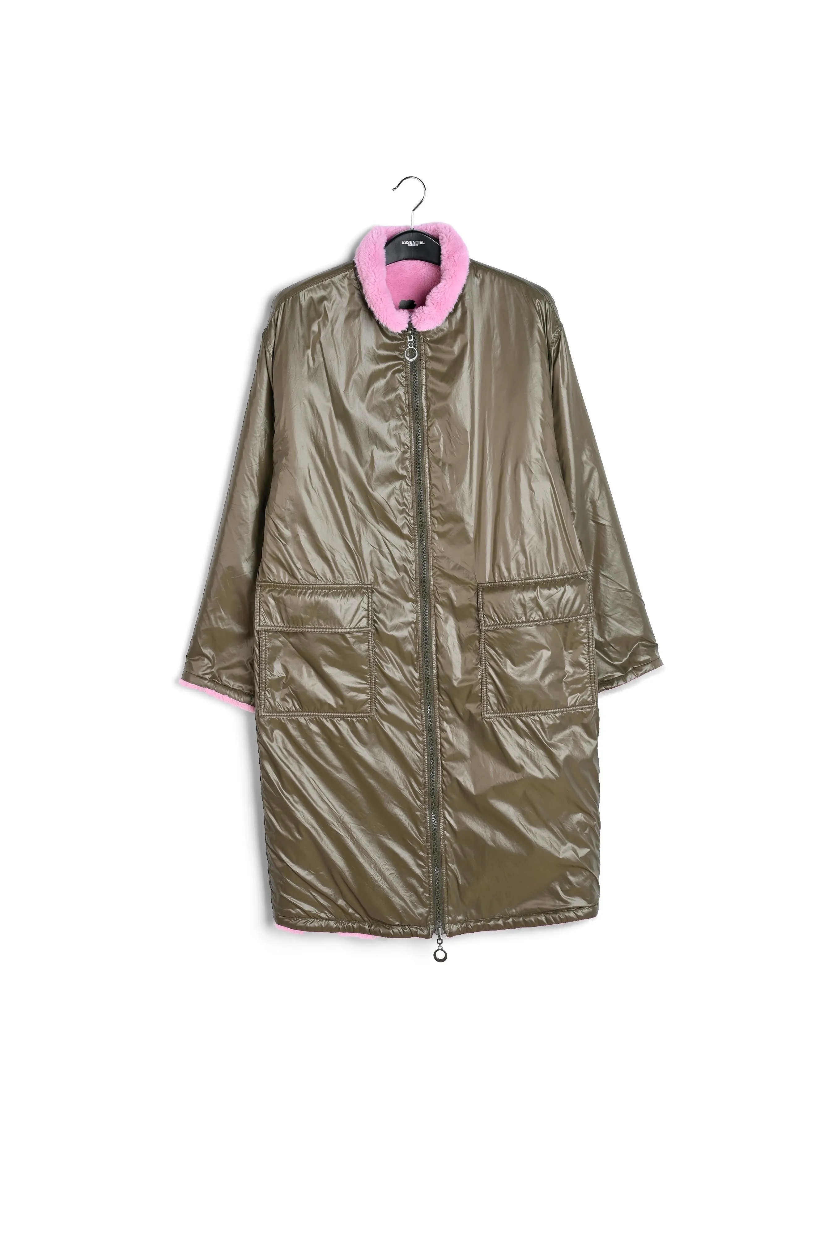 Khaki green and pink reversible faux fur coat