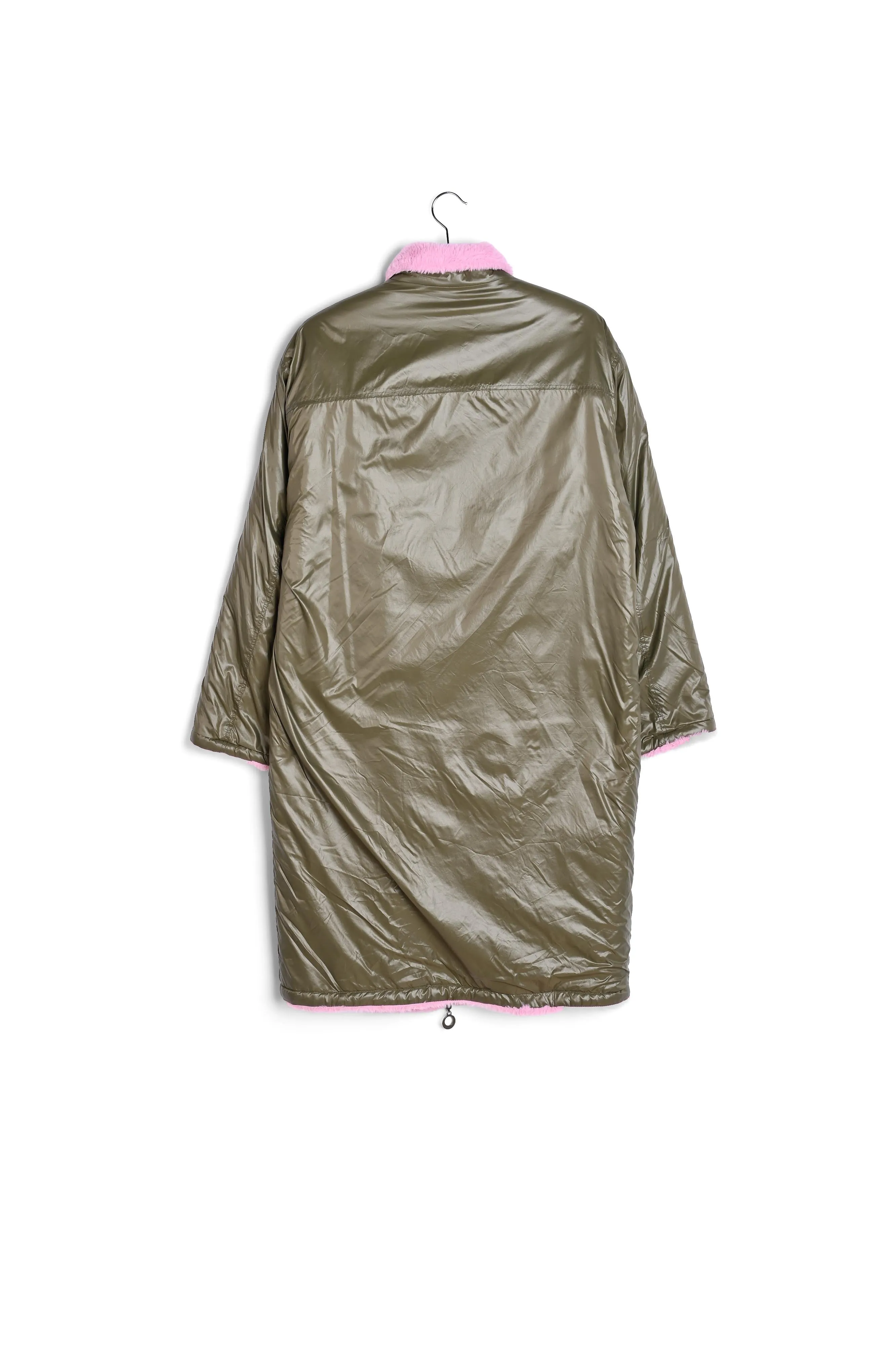 Khaki green and pink reversible faux fur coat