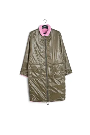 Khaki green and pink reversible faux fur coat