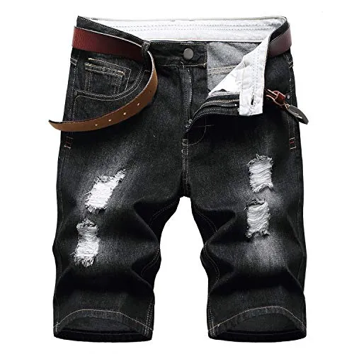 LAMKUKU Men’s Denim Shorts for Men Ripped Short Jeans Summer (32,Black)