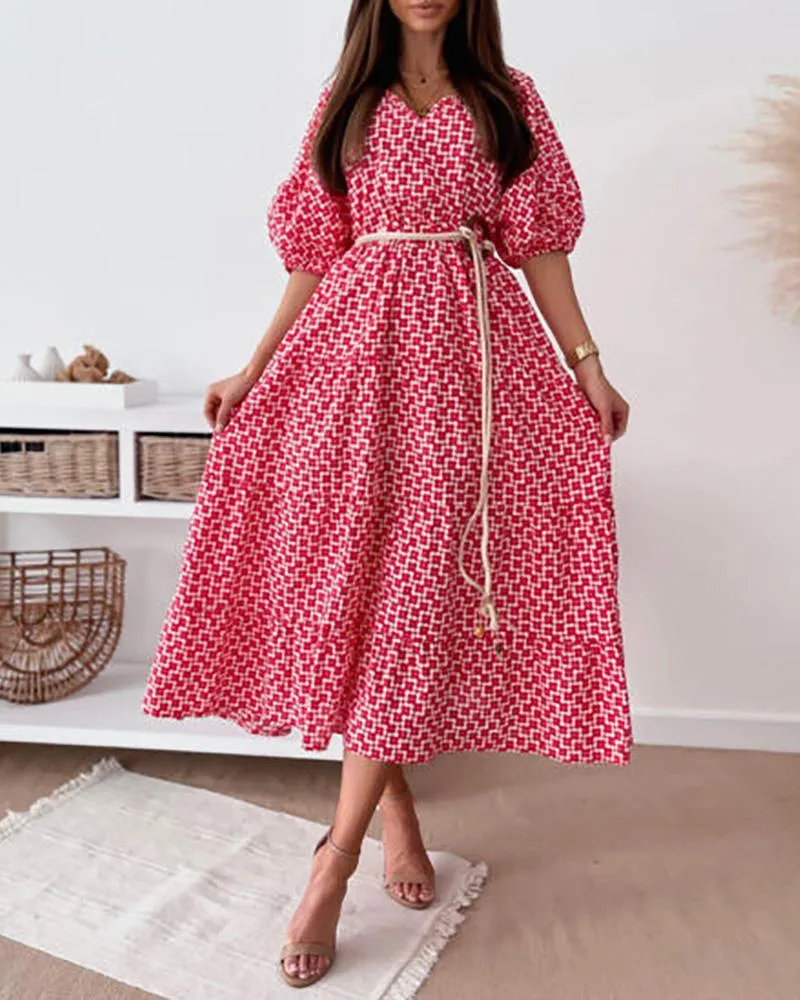 Lantern Sleeve Graphic Print Casual Dress