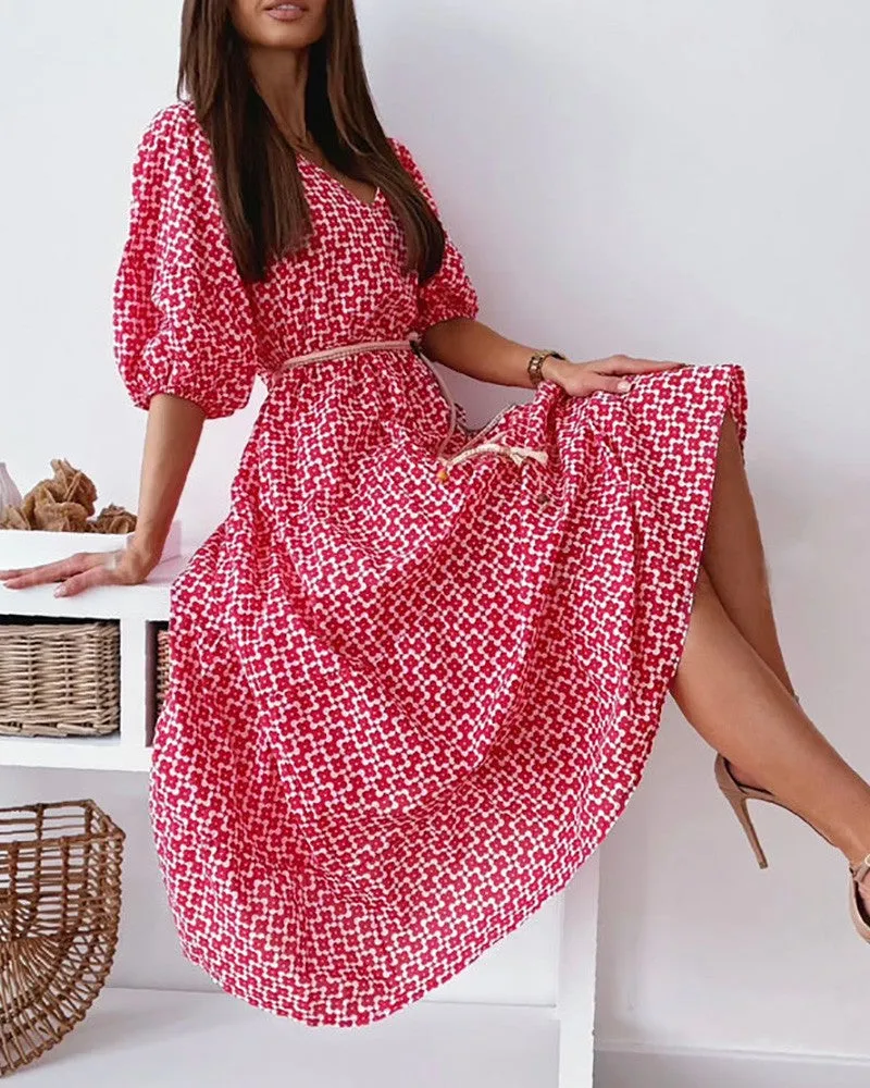 Lantern Sleeve Graphic Print Casual Dress