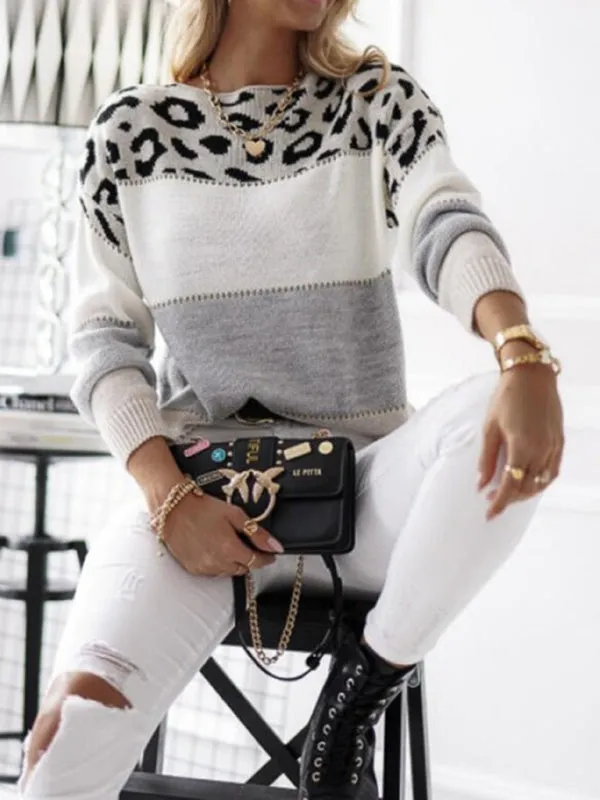 Leopard print round neck color block sweater autumn and winter new women's knitwear