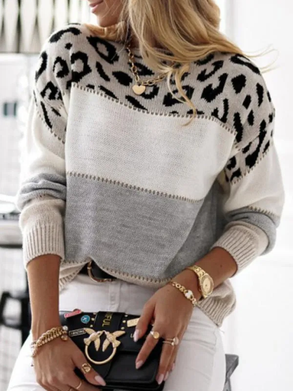 Leopard print round neck color block sweater autumn and winter new women's knitwear
