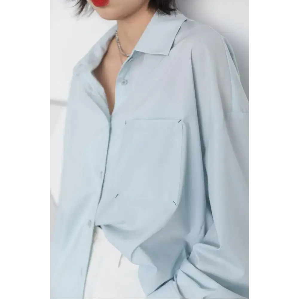 Light Blue Oversized Poplin Shirt with Chest Pocket in Y2K Style