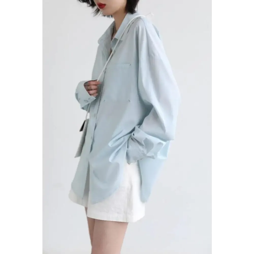 Light Blue Oversized Poplin Shirt with Chest Pocket in Y2K Style