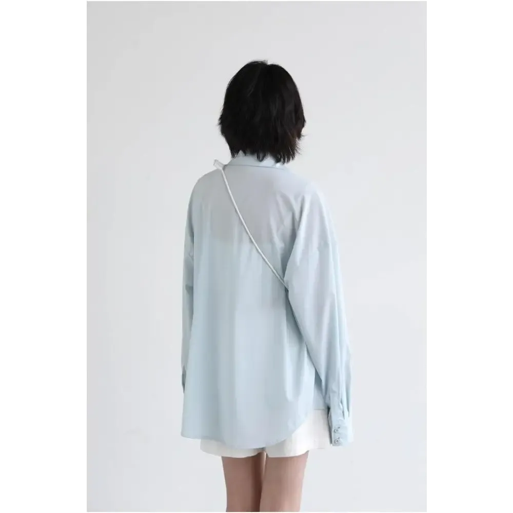 Light Blue Oversized Poplin Shirt with Chest Pocket in Y2K Style