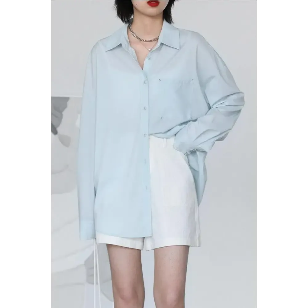 Light Blue Oversized Poplin Shirt with Chest Pocket in Y2K Style