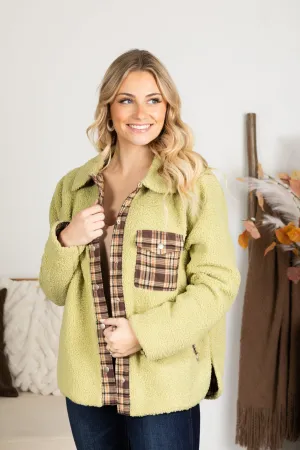 Light Olive Reversible Plaid and Sherpa Jacket