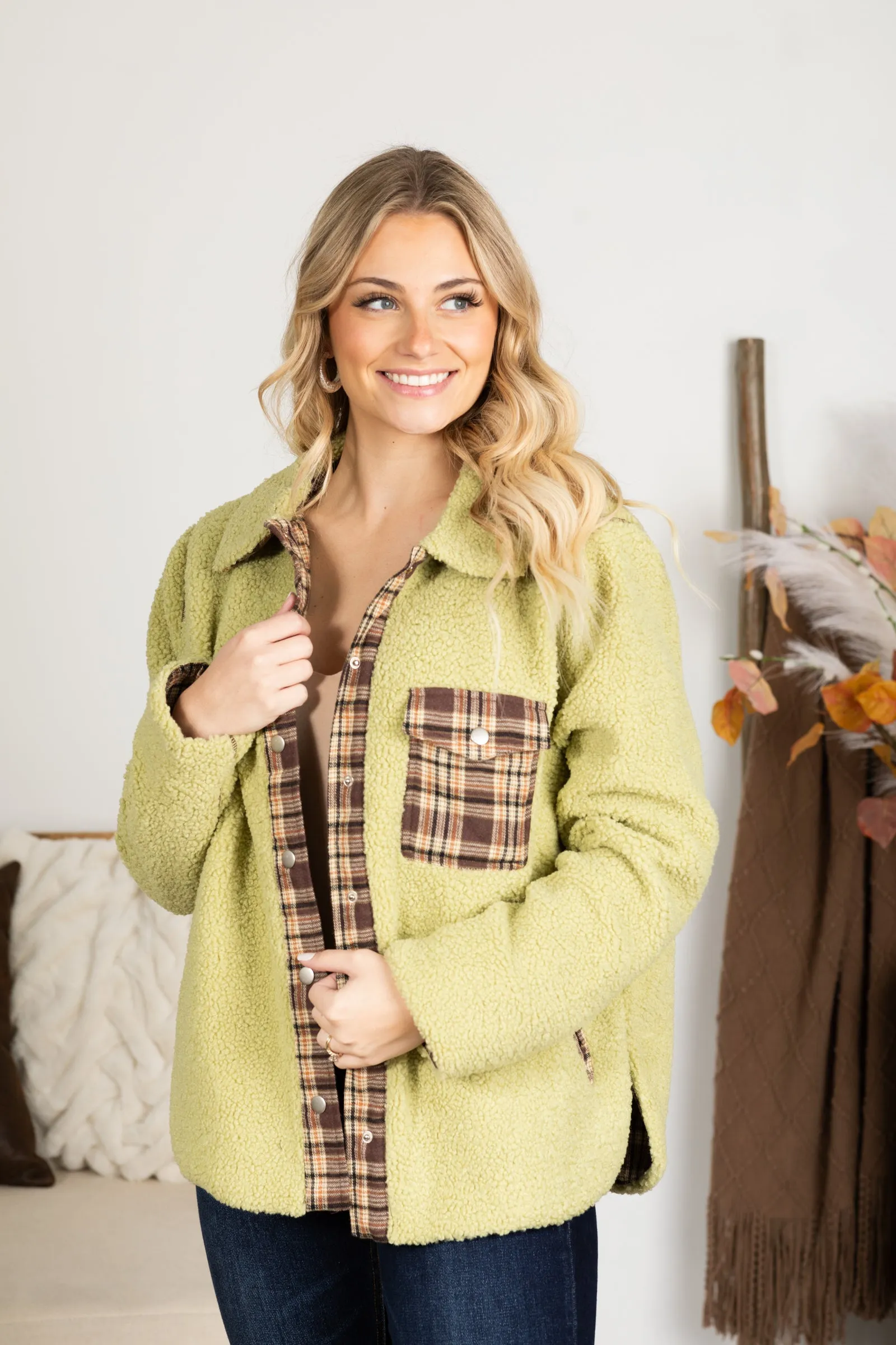 Light Olive Reversible Plaid and Sherpa Jacket