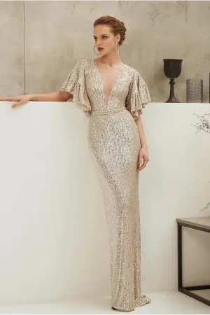 Long Sequins Evening Gown with Flounced Sleeves
