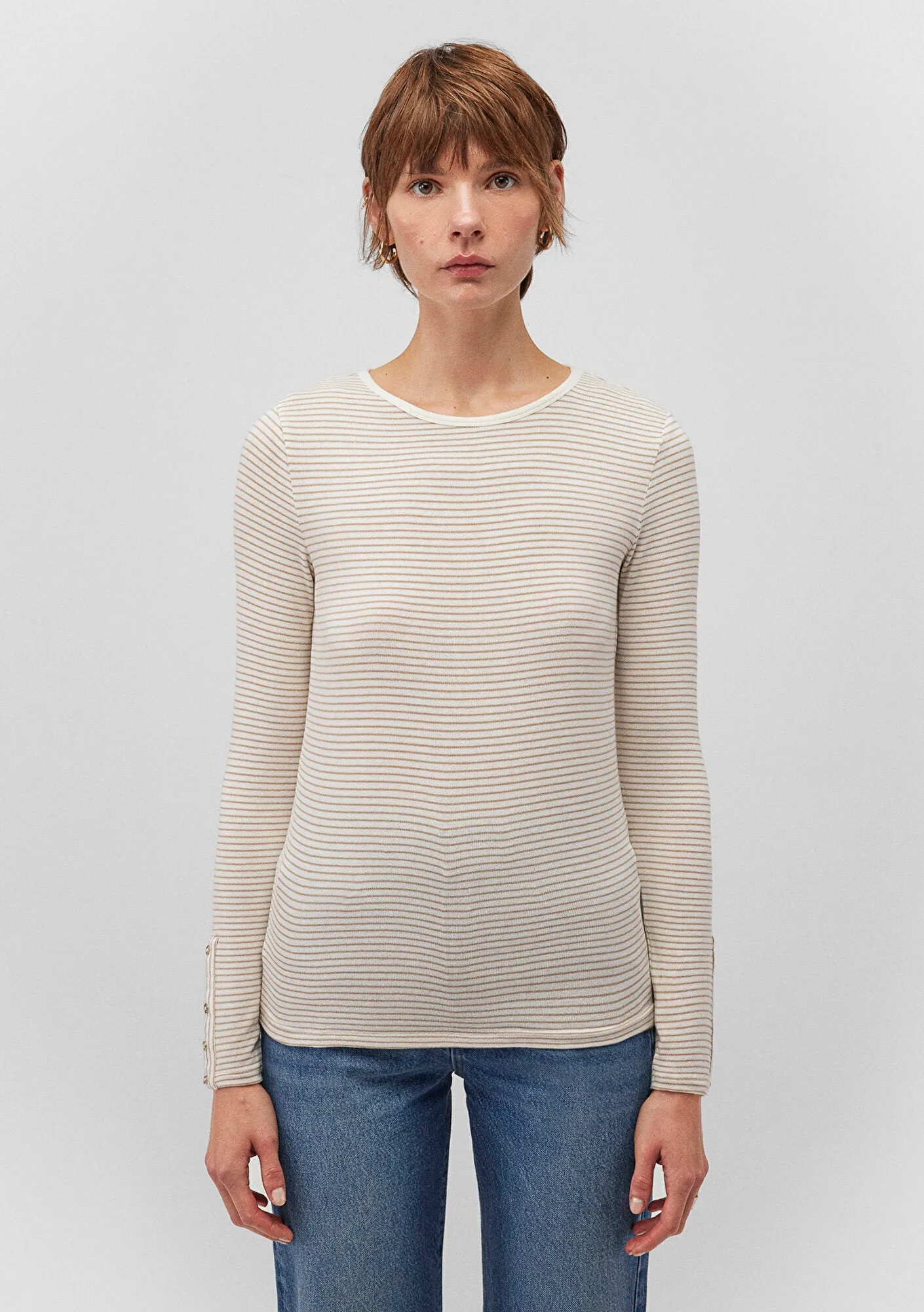Long Sleeve Beige Striped T-Shirt
