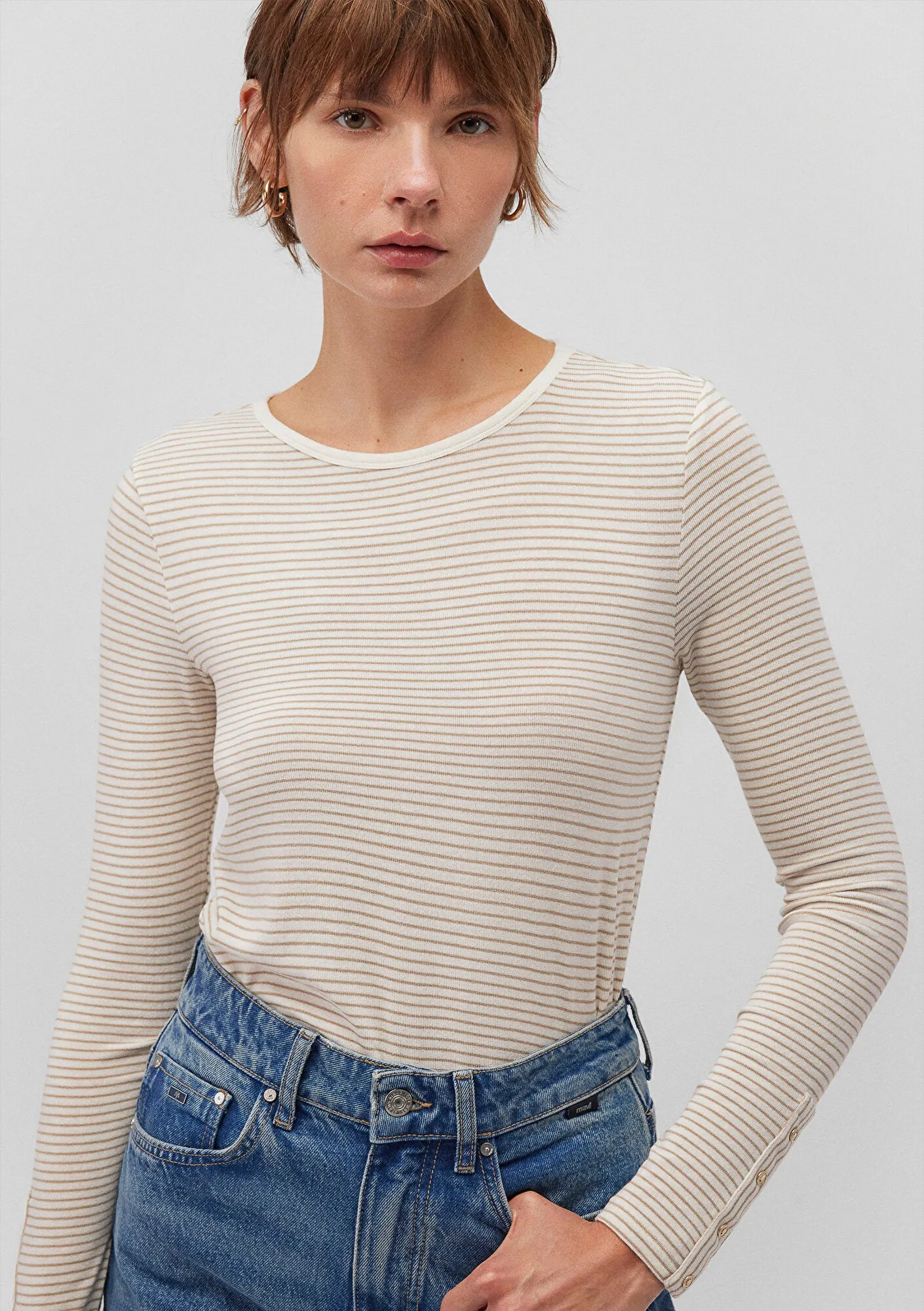 Long Sleeve Beige Striped T-Shirt
