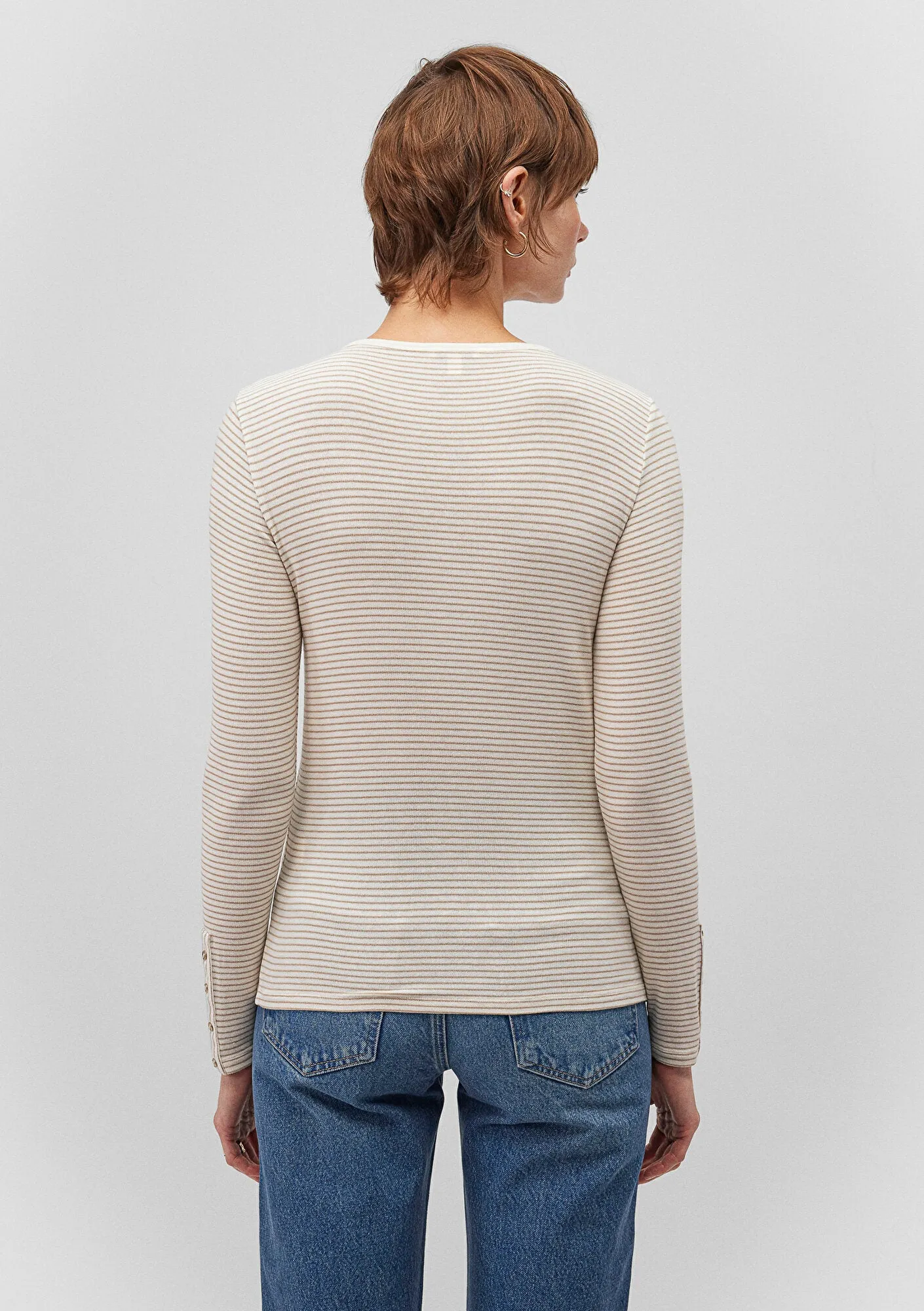 Long Sleeve Beige Striped T-Shirt
