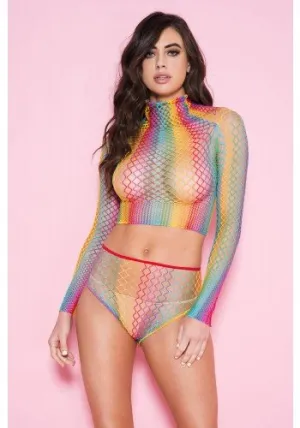 Long Sleeve Fishnet Top and High Waisted Panty Rainbow