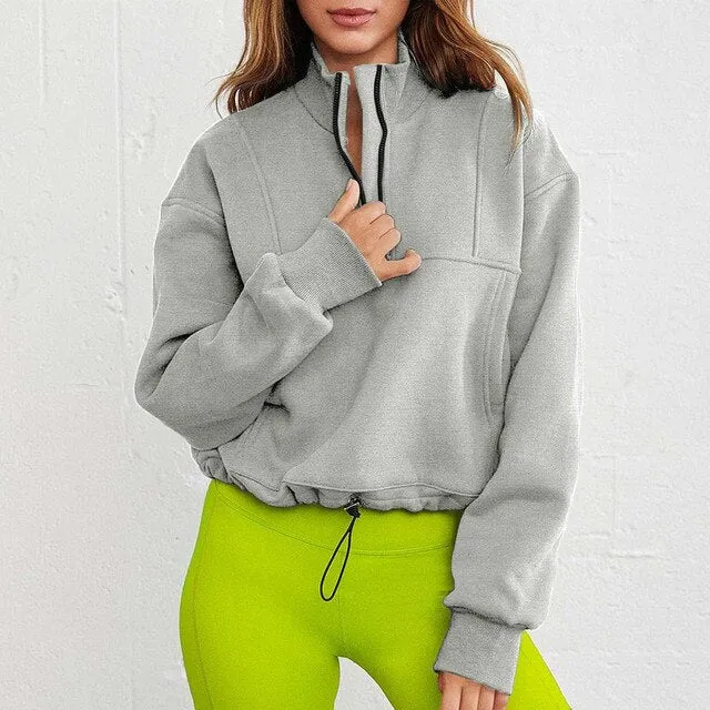 Long Sleeve Solid Color Zipper Collar Sweatshirts