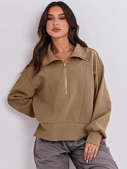 Loose Fit Zipper Neck Long Sleeve Sweatshirt Tops Wholesale Womens Clothing N3824070900032