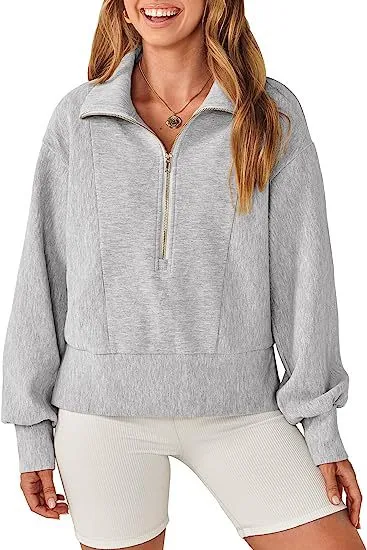 Loose Fit Zipper Neck Long Sleeve Sweatshirt Tops Wholesale Womens Clothing N3824070900032