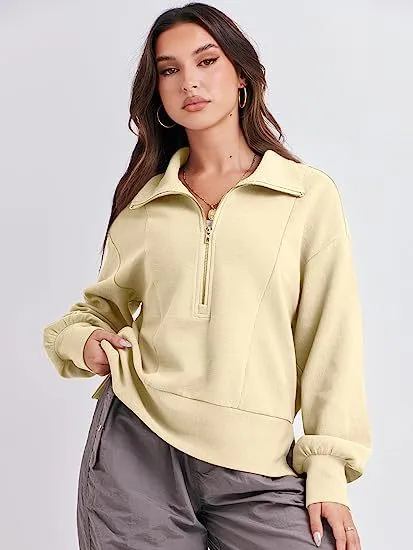 Loose Fit Zipper Neck Long Sleeve Sweatshirt Tops Wholesale Womens Clothing N3824070900032