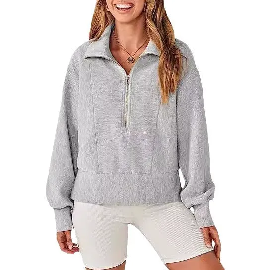 Loose Fit Zipper Neck Long Sleeve Sweatshirt Tops Wholesale Womens Clothing N3824070900032