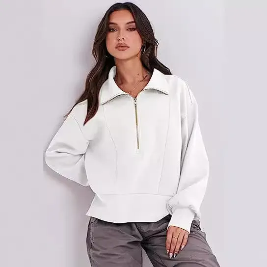 Loose Fit Zipper Neck Long Sleeve Sweatshirt Tops Wholesale Womens Clothing N3824070900032