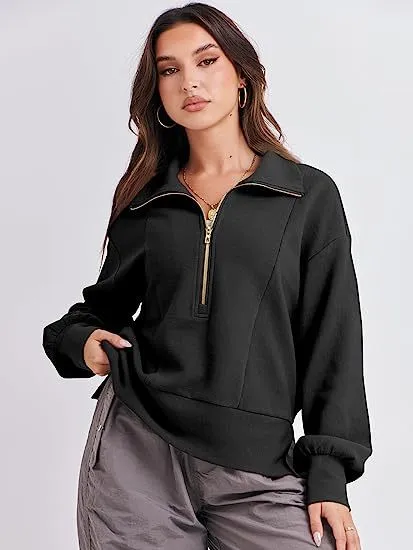 Loose Fit Zipper Neck Long Sleeve Sweatshirt Tops Wholesale Womens Clothing N3824070900032