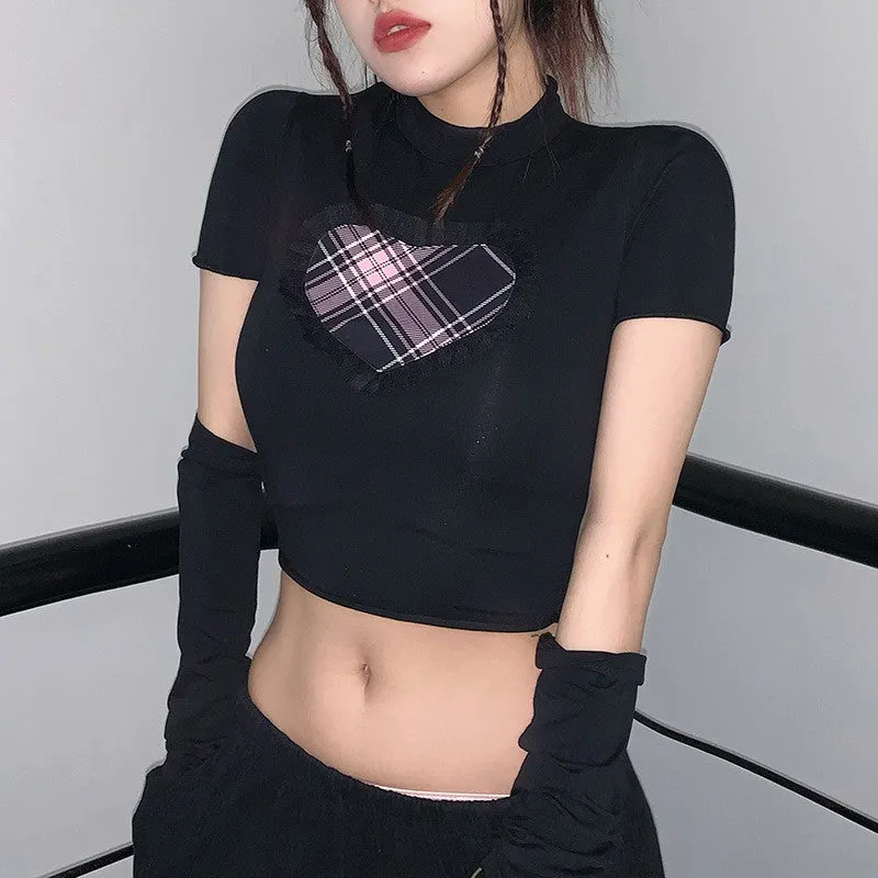 LOVE CONTRASTING COLOR SLEEVE NAVEL BARE T-SHIRT UB3326