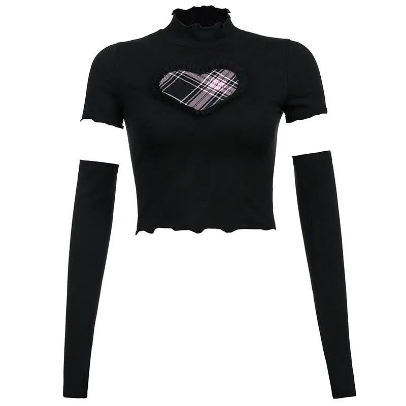 LOVE CONTRASTING COLOR SLEEVE NAVEL BARE T-SHIRT UB3326