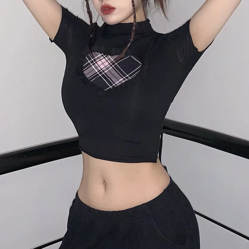 LOVE CONTRASTING COLOR SLEEVE NAVEL BARE T-SHIRT UB3326