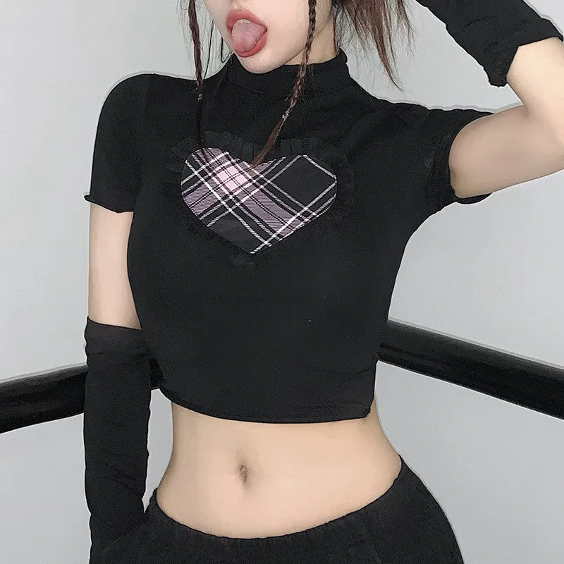 LOVE CONTRASTING COLOR SLEEVE NAVEL BARE T-SHIRT UB3326