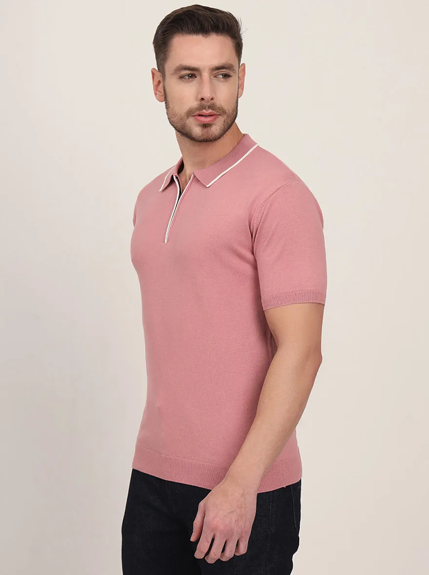 Mauve Striped Slim Fit Polo T-Shirt | JadeBlue