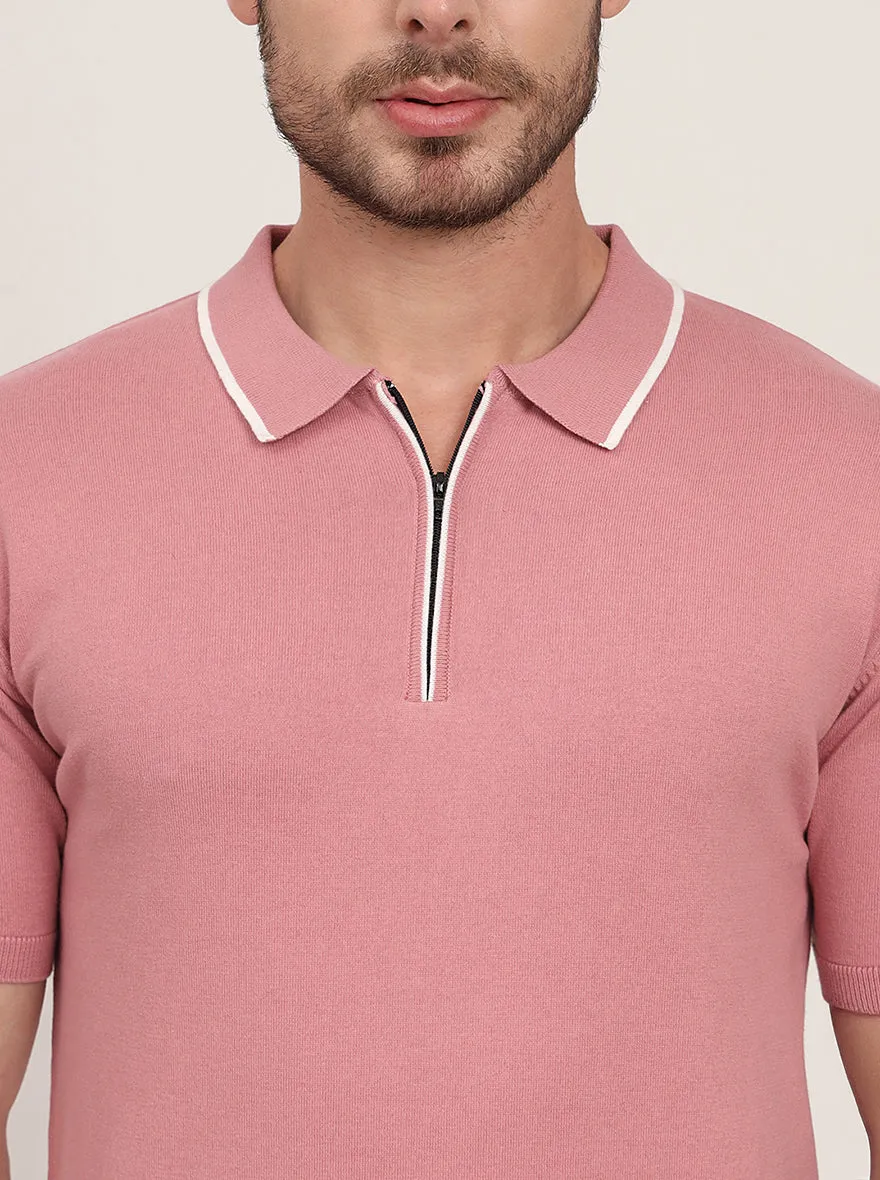 Mauve Striped Slim Fit Polo T-Shirt | JadeBlue
