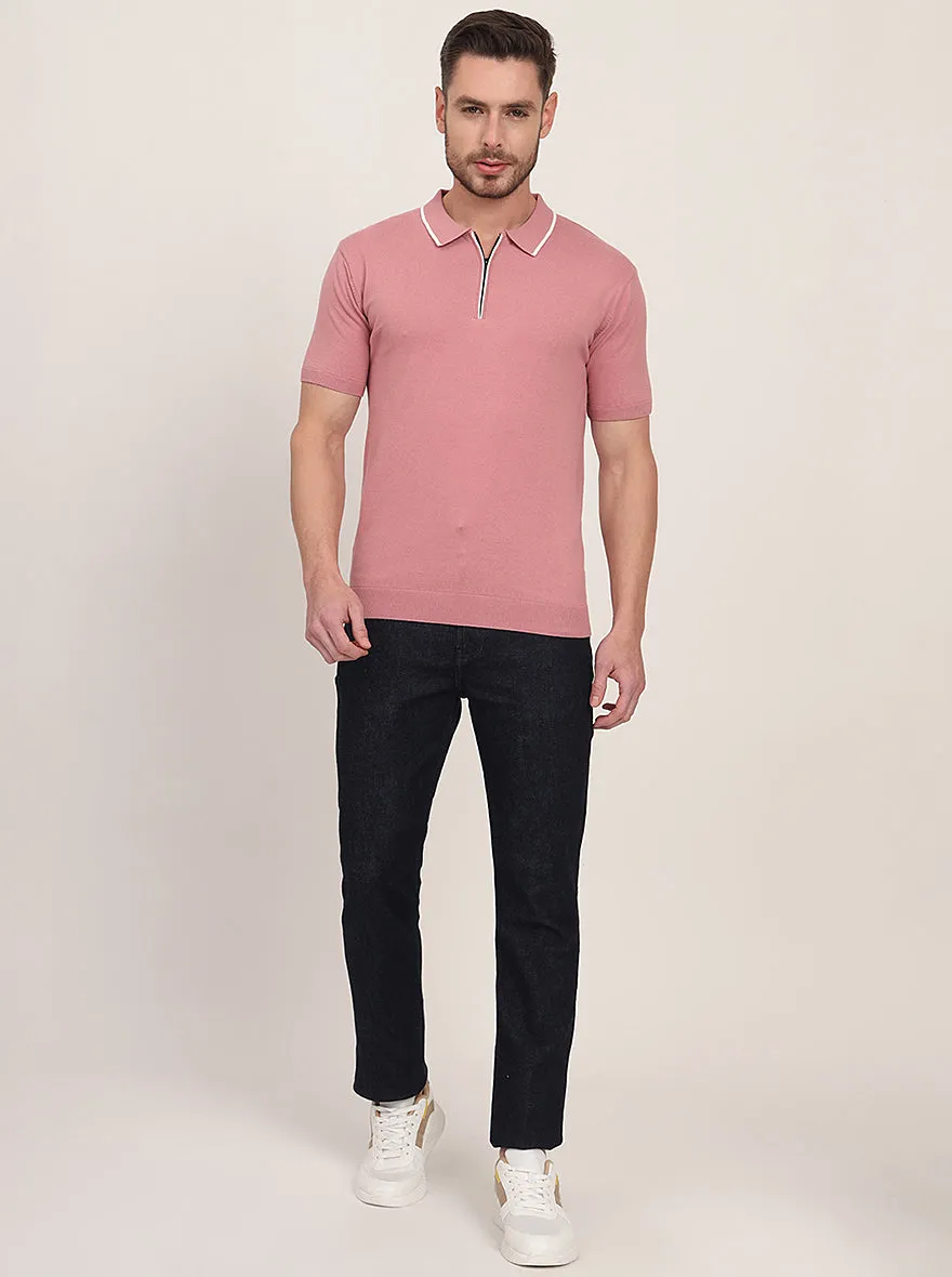 Mauve Striped Slim Fit Polo T-Shirt | JadeBlue