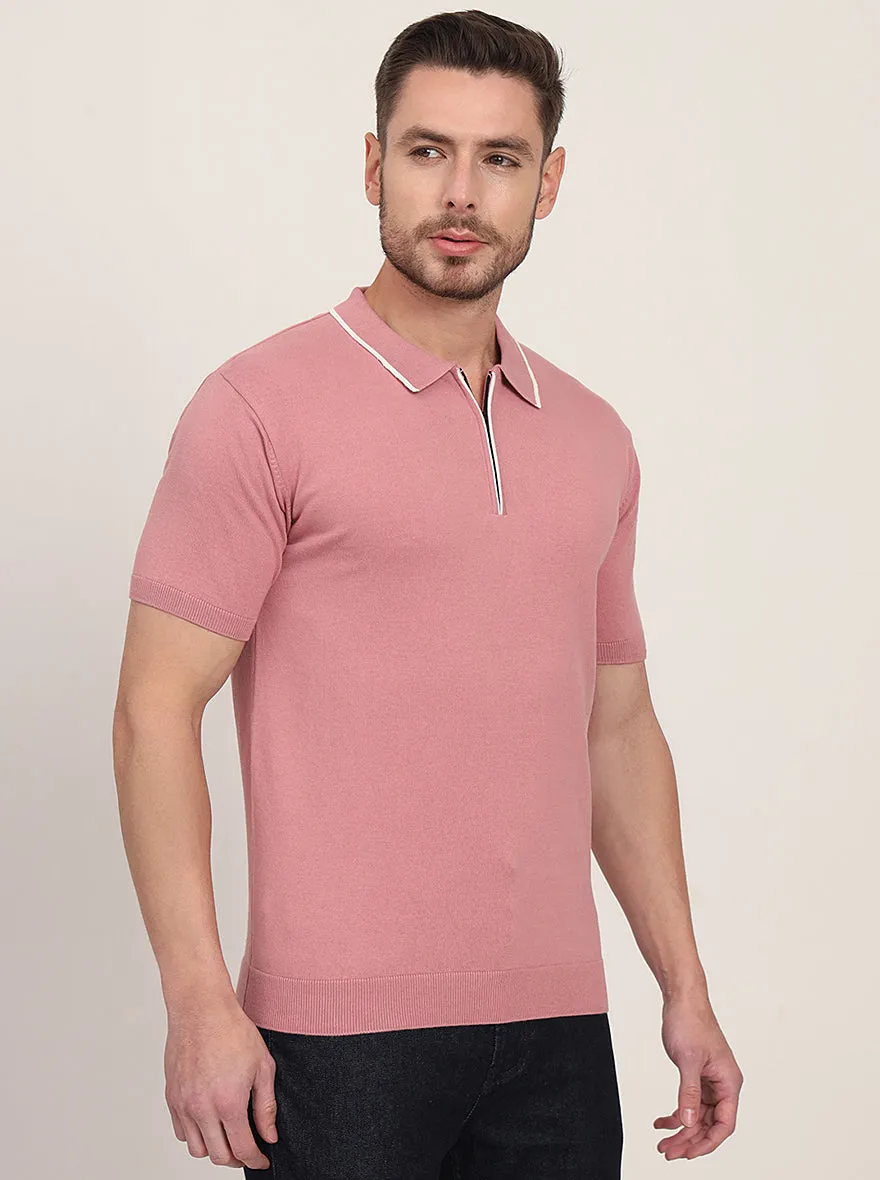 Mauve Striped Slim Fit Polo T-Shirt | JadeBlue
