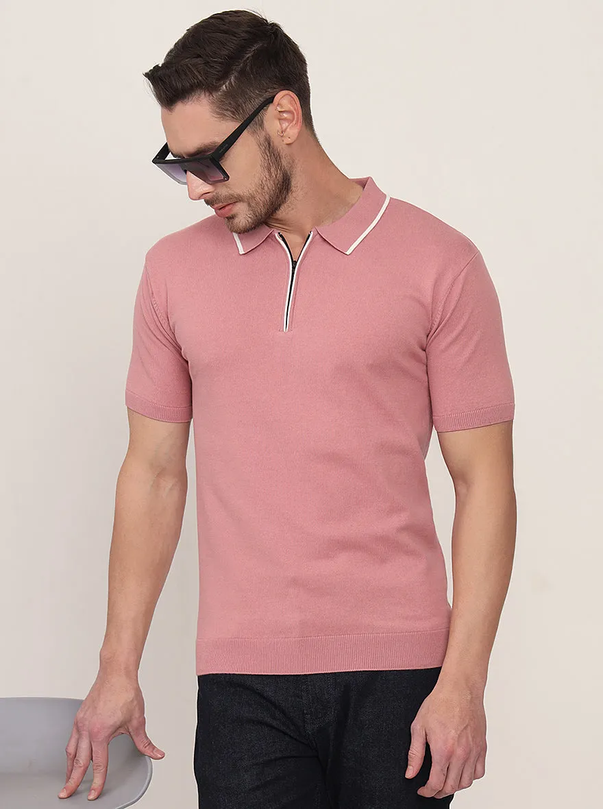 Mauve Striped Slim Fit Polo T-Shirt | JadeBlue