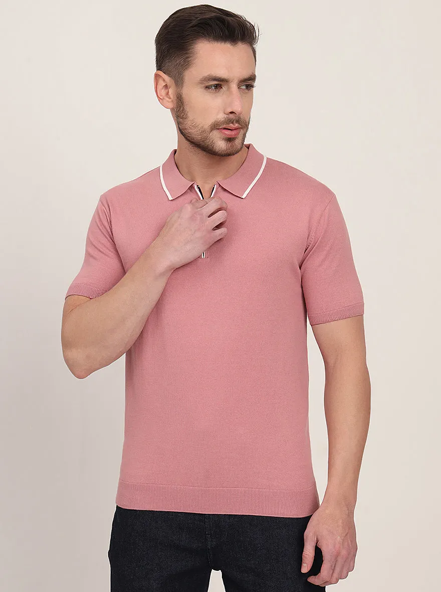 Mauve Striped Slim Fit Polo T-Shirt | JadeBlue