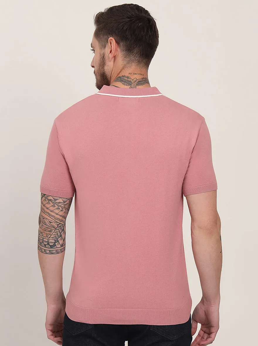 Mauve Striped Slim Fit Polo T-Shirt | JadeBlue
